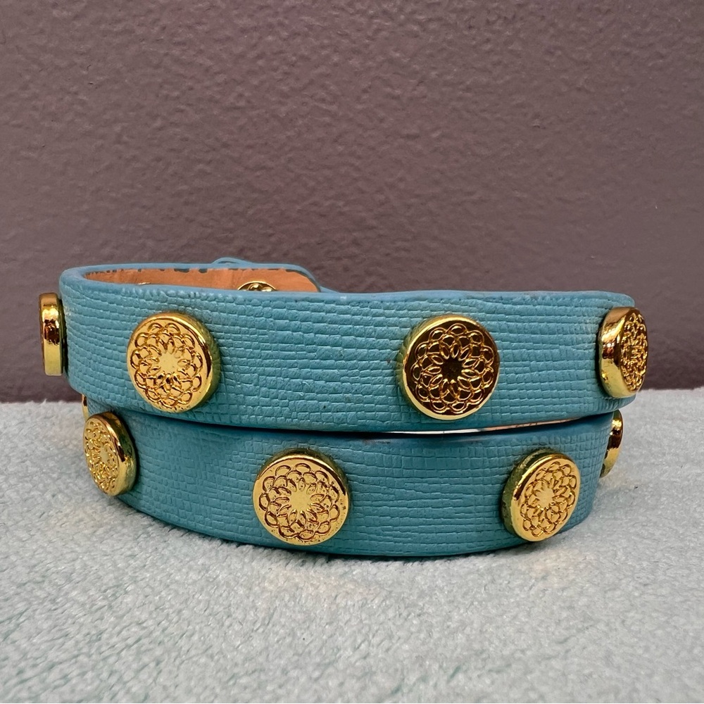 Elegant Genuine Leather Teal and Gold Studded Women's Belt